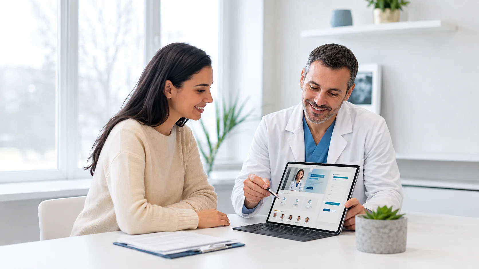Healthcare professional reviewing a trustworthy patient landing page on laptop