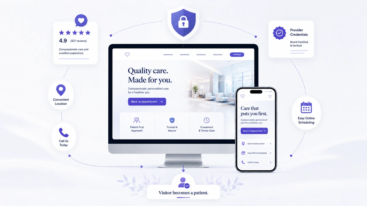 Healthcare provider reviewing a patient-converting landing page with appointment and trust signals