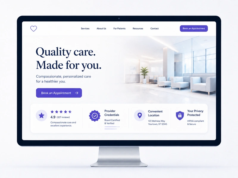 Healthcare landing page hero section with provider photo and appointment CTA