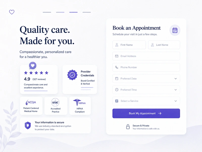 Landing page review cards placed beside an appointment form