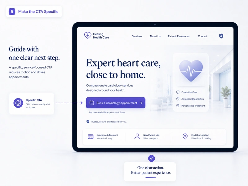 Mobile healthcare landing page with clear call and appointment buttons