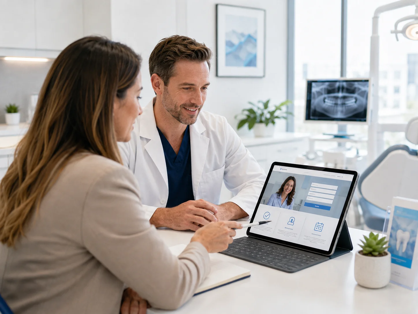 Healthcare provider and patient reviewing a clear service-specific landing page