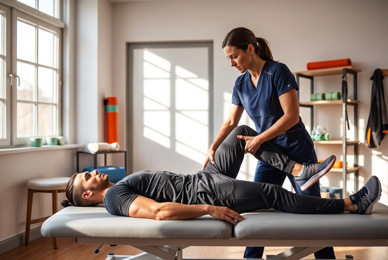 The chiropractor at a laptop in a treatment room, sports tape and rehab equipment visible in the background.