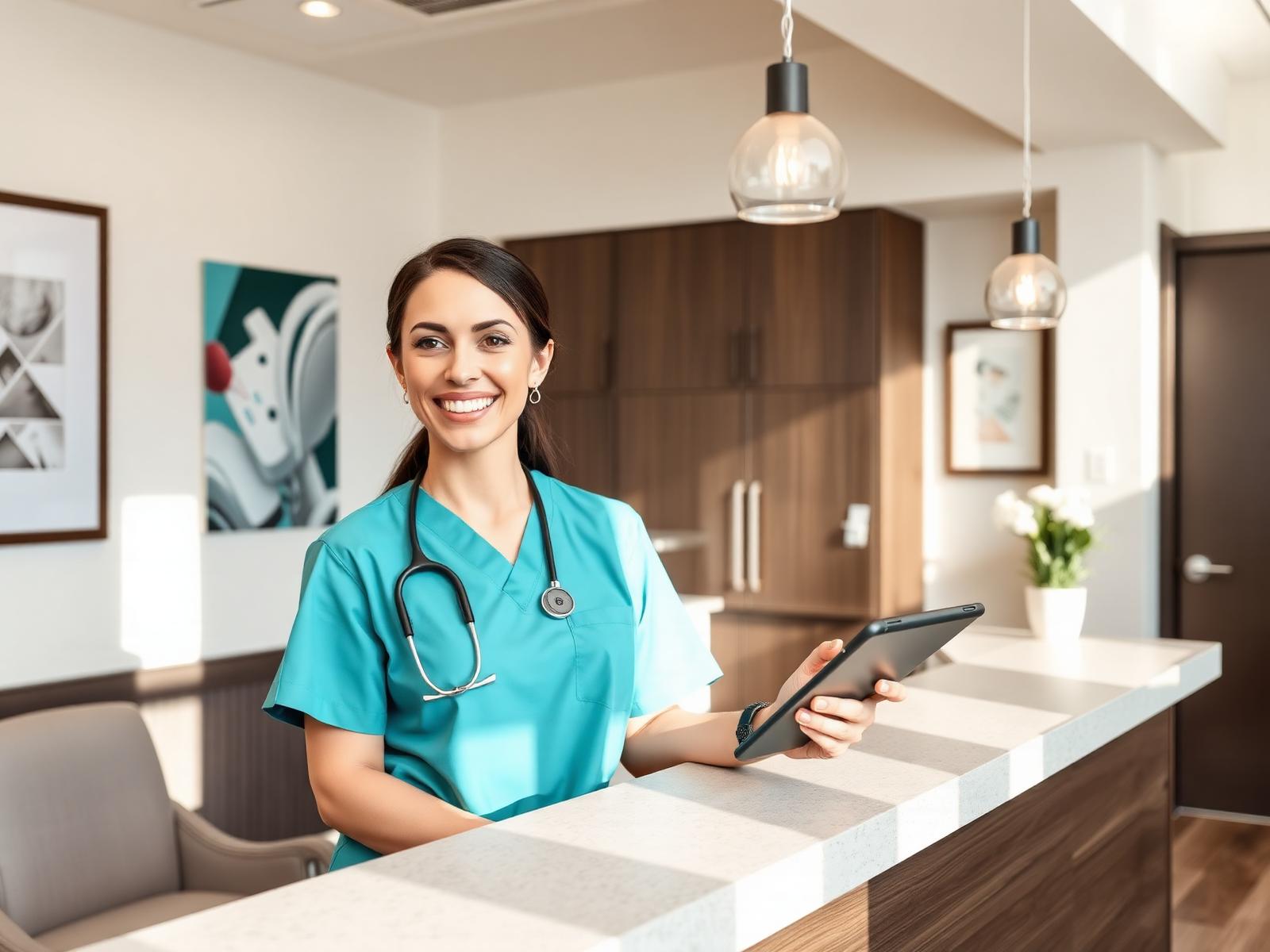 A dentist at the front desk of a modern Houston family practice reviewing patient inquiries on a tablet.