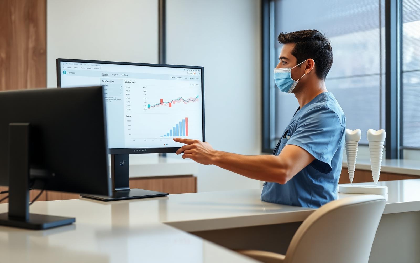 The practice owner reviewing a paid-ads dashboard at a quiet front desk, implant model visible on the counter beside him.