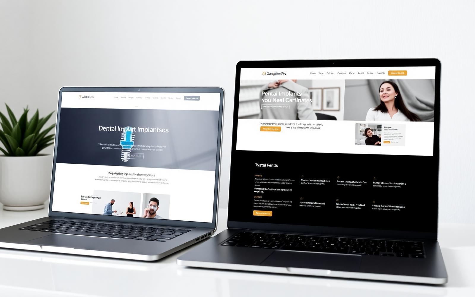 Split view of the rebuilt implant-specific landing page next to the original generalized homepage, showing the messaging shift.