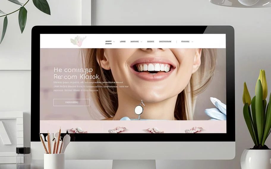 Redesigned dental practice website displayed on a desktop monitor in a bright, modern office.