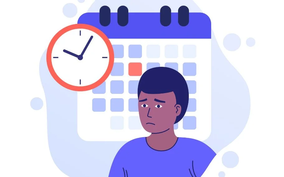 Illustration of a worried patient in front of a calendar and clock, representing missed appointment opportunities.