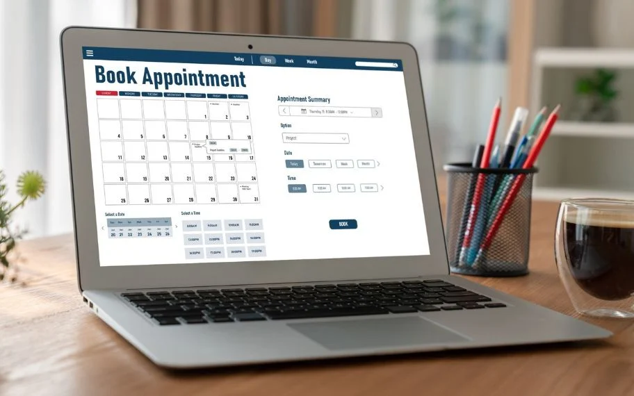 Laptop displaying an online appointment booking page with a calendar and time-slot selection.