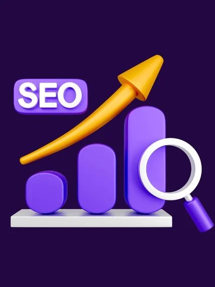 3D illustration of an SEO label above rising bar charts, an upward arrow, and a magnifying glass.